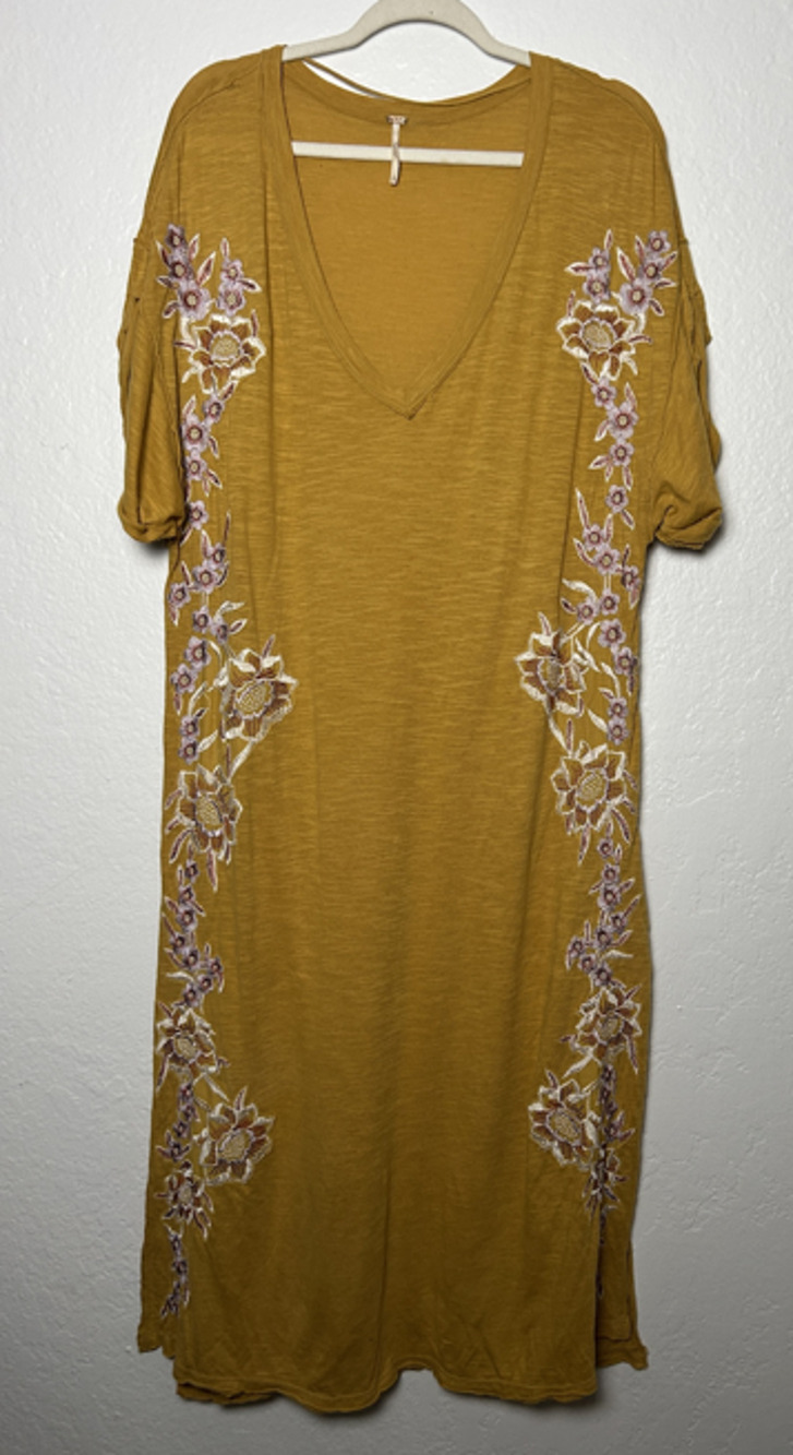Free People Midi V-Neck Mustard Floral Embroidered Pullover Dress Size Sm